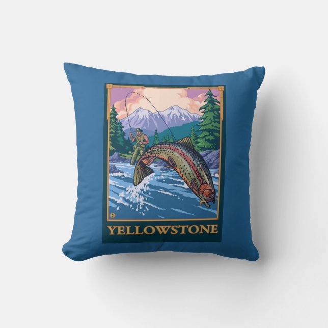 Fly Fishing Scene - Yellowstone National Park Throw Pillow (Front)