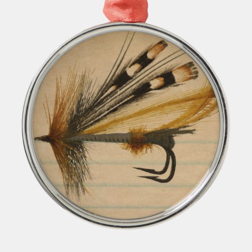 Fly Fishing Silver Lure on Lined Paper Metal Ornament