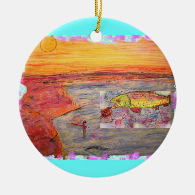 fly fishing sunset art ceramic ornament (Front)