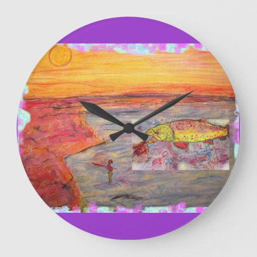 fly fishing sunset art large clock