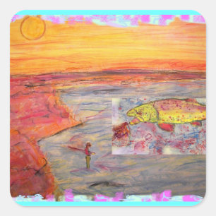 fly fishing sunset art square sticker