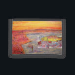 fly fishing sunset art trifold wallet<br><div class="desc">shows fly fisherman tying a fly on with the sun setting and rainbow trout chasing a fly from original art !</div>