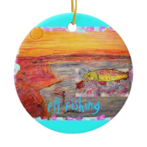 fly fishing sunset design ceramic ornament