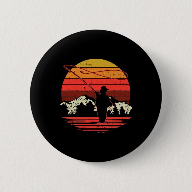 Fly Fishing Sunset Retro Trout Angling Fisherman A Button (Front)
