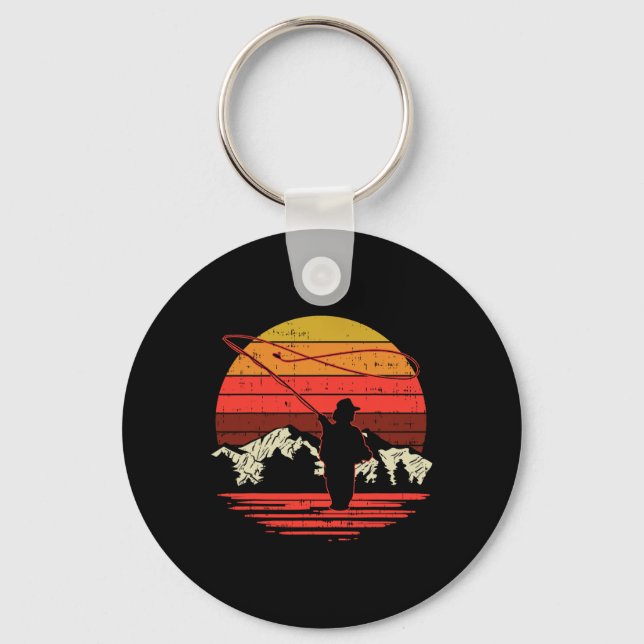 Fly Fishing Sunset Retro Trout Angling Fisherman A Keychain (Front)