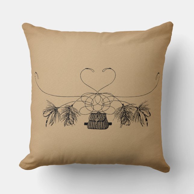 Fly Fishing Themed Vintage Art Throw Pillow (Front)