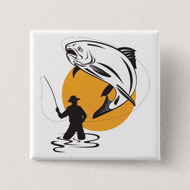Fly Fishing Trout Sunset Silhouette Button (Front)
