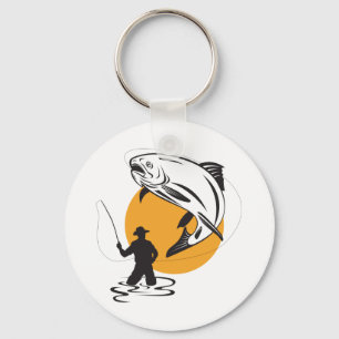 Fly Fishing Trout Sunset Silhouette Keychain