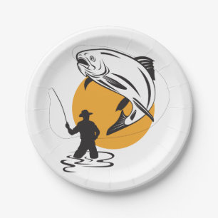 Fly Fishing Trout Sunset Silhouette Paper Plates