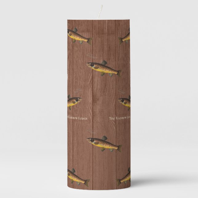 Fly Fishing Trout Watercolor Brown Wood Pillar Candle (Front)