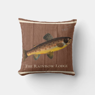 Fly Fishing Trout Watercolor Brown Wood Throw Pillow