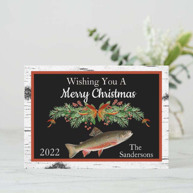 Fly Fishing Trout Wishing You a Merry Christmas    Holiday Card (Standing Front)