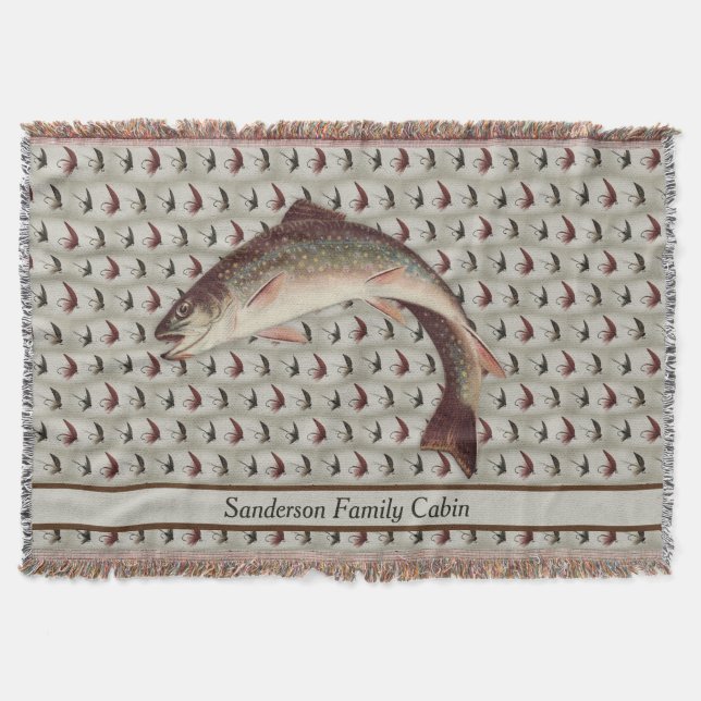 Fly Fishing Vintage Flies Rainbow Trout Throw Blanket (Front)