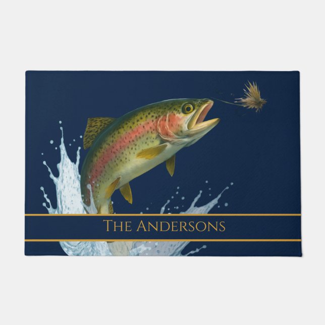 Fly fishing watercolor trout fish navy blue doormat (Front)