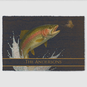 Fly fishing watercolor trout fish navy blue fiber doormat