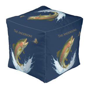 Fly fishing watercolor trout fish navy blue pouf