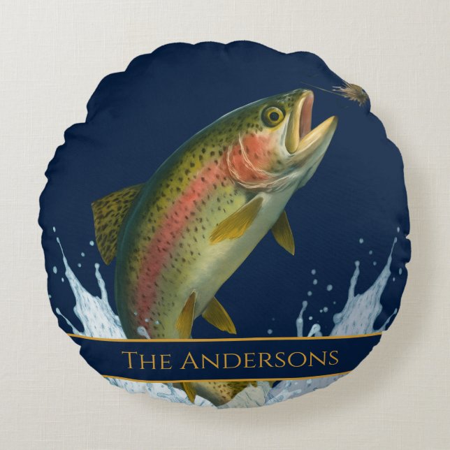Fly fishing watercolor trout fish navy blue round pillow (Front)