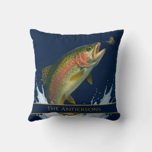 Fly fishing watercolor trout fish navy blue throw pillow