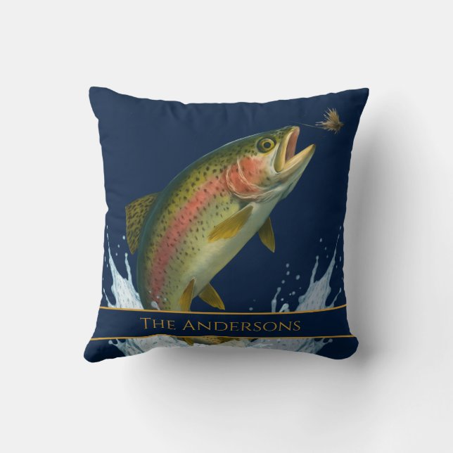Fly fishing watercolor trout fish navy blue throw pillow (Back)