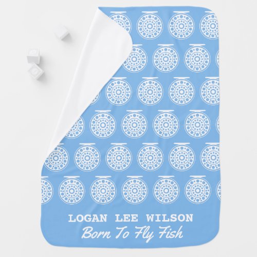 Fly Fishing White Silhouette Reel  Blue Baby Blanket