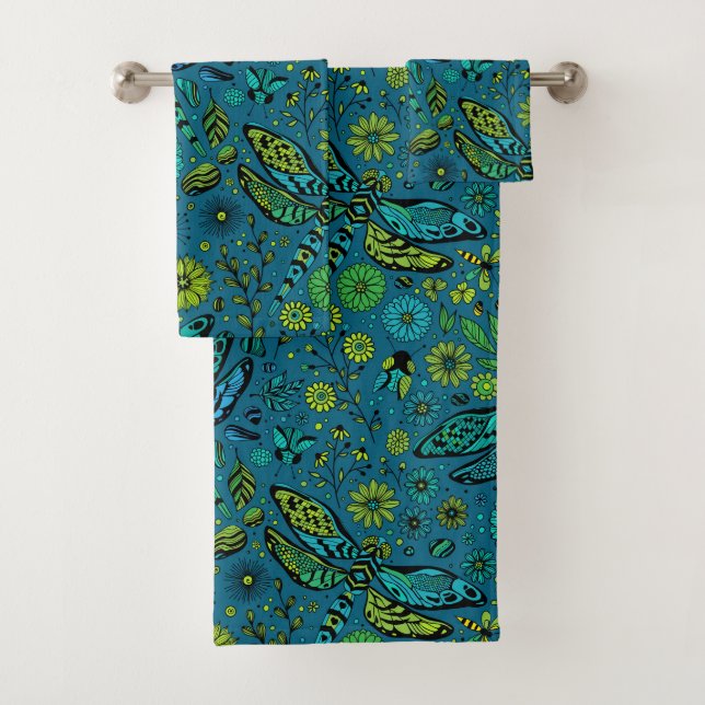 Fly, fly dragonfly on blue bath towel set (Insitu)