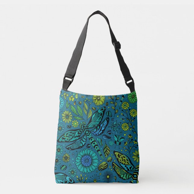 Fly, fly dragonfly on blue crossbody bag (Front)