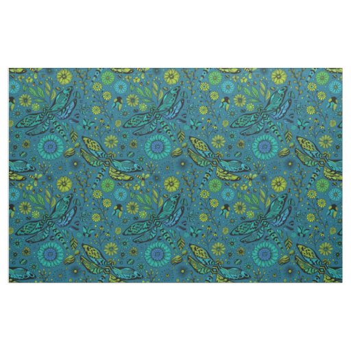 Fly, fly dragonfly on blue fabric