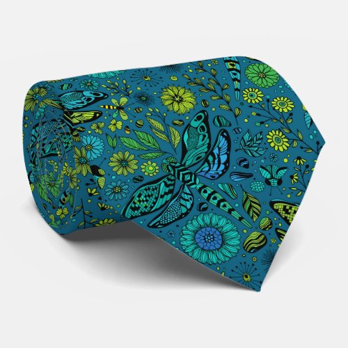 Fly fly dragonfly on blue neck tie