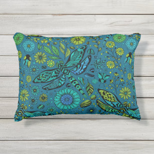 Fly, fly dragonfly on blue outdoor pillow
