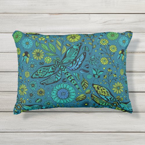 Fly fly dragonfly on blue outdoor pillow