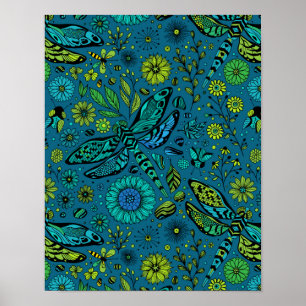 Fly, fly dragonfly on blue poster