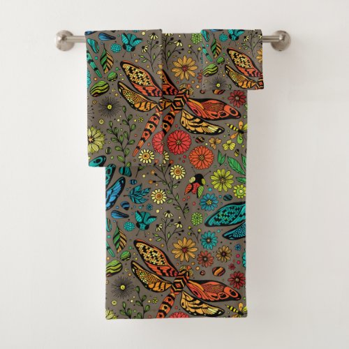 Fly fly dragonfly on brown bath towel set