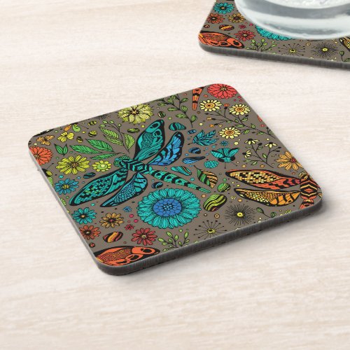Fly fly dragonfly on brown beverage coaster