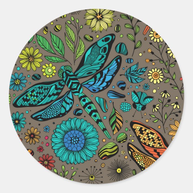 Fly, fly dragonfly on brown classic round sticker (Front)