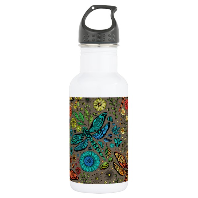 Fly, fly dragonfly on brown stainless steel water bottle (Front)