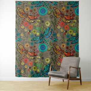 Fly, fly dragonfly on brown tapestry