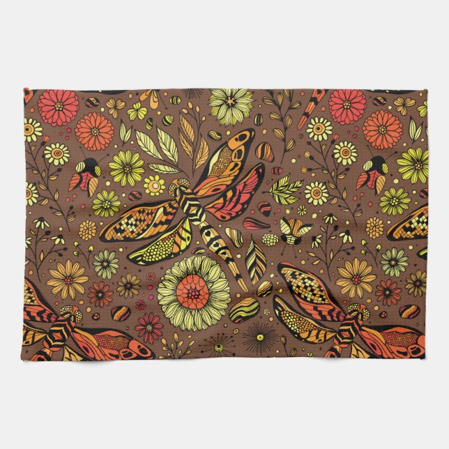 Fly, fly dragonfly on cinnamon brown kitchen towel (Horizontal)