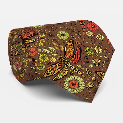 Fly fly dragonfly on cinnamon brown neck tie