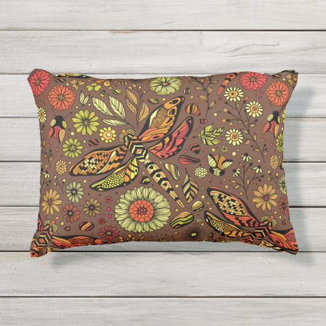Fly, fly dragonfly on cinnamon brown outdoor pillow (Front)