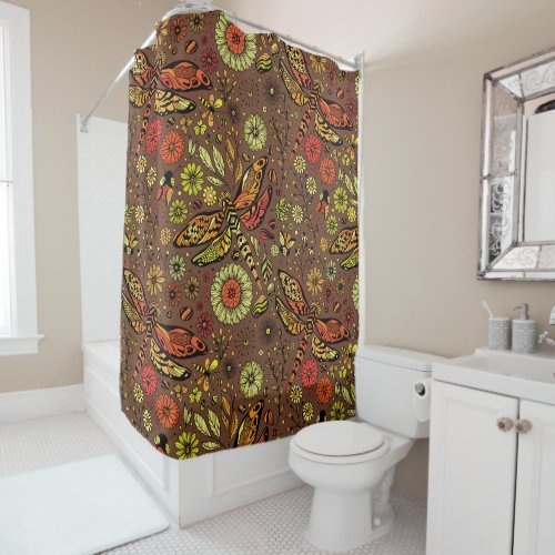 Fly fly dragonfly on cinnamon brown shower curtain