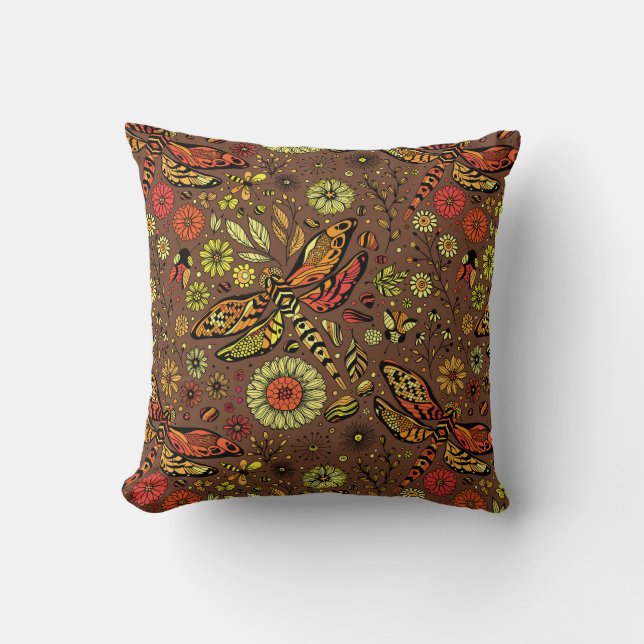 Fly, fly dragonfly on cinnamon brown throw pillow (Front)