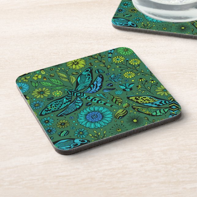 Fly, fly dragonfly on emerald green beverage coaster (Left Side)