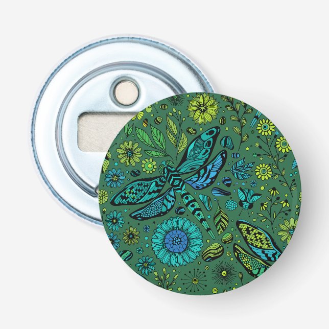 Fly, fly dragonfly on emerald green bottle opener (Front)