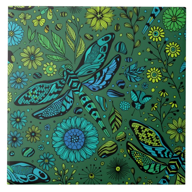 Fly, fly dragonfly on emerald green ceramic tile (Front)