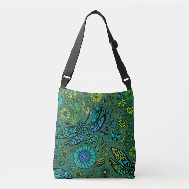 Fly, fly dragonfly on emerald green crossbody bag (Front)