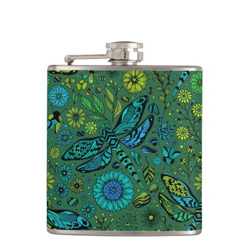 Fly fly dragonfly on emerald green flask