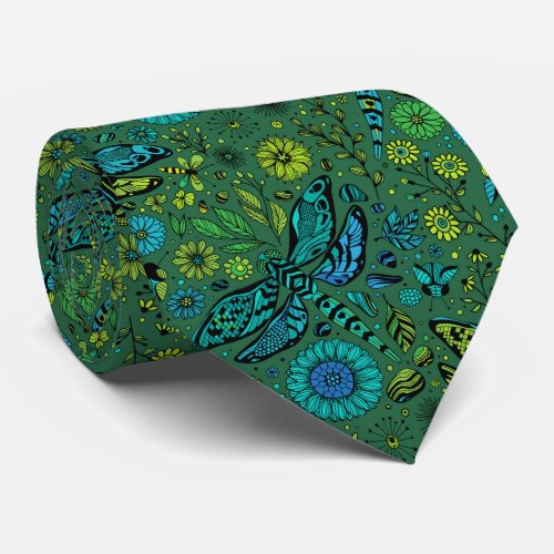 Fly fly dragonfly on emerald green neck tie