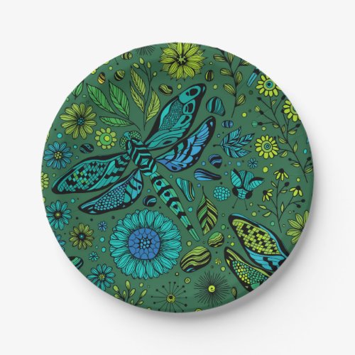 Fly fly dragonfly on emerald green paper plates