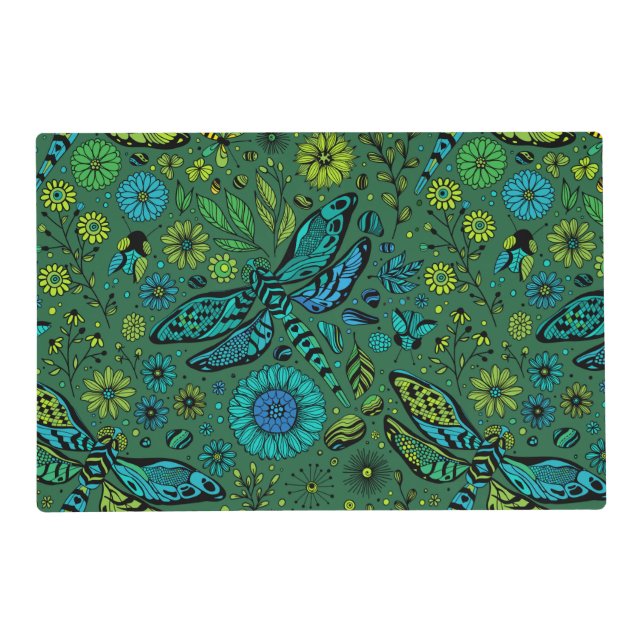 Fly, fly dragonfly on emerald green placemat (Front)