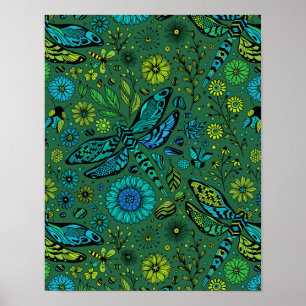 Fly, fly dragonfly on emerald green poster